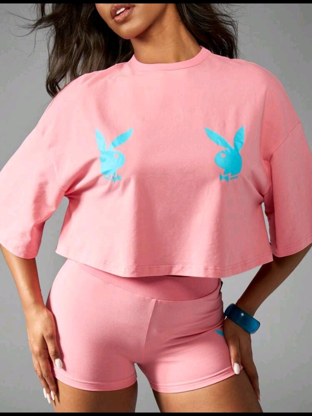 Playboy Pink Cropped Tee with Turquoise Bunny Logos
